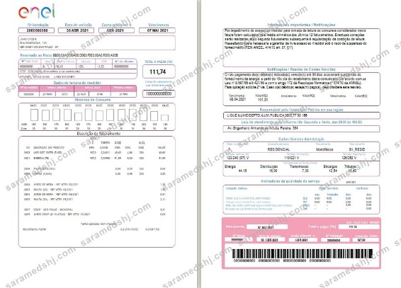 Brazil ENEL electricity utility bill (2 pages)
